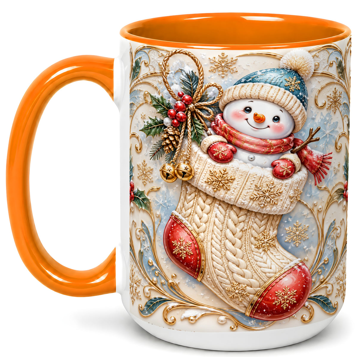 #pl[15oz|Orange] Ornate Stocking Snowman Coffee Mug, Winter Snowman Mug, Ceramic Cup