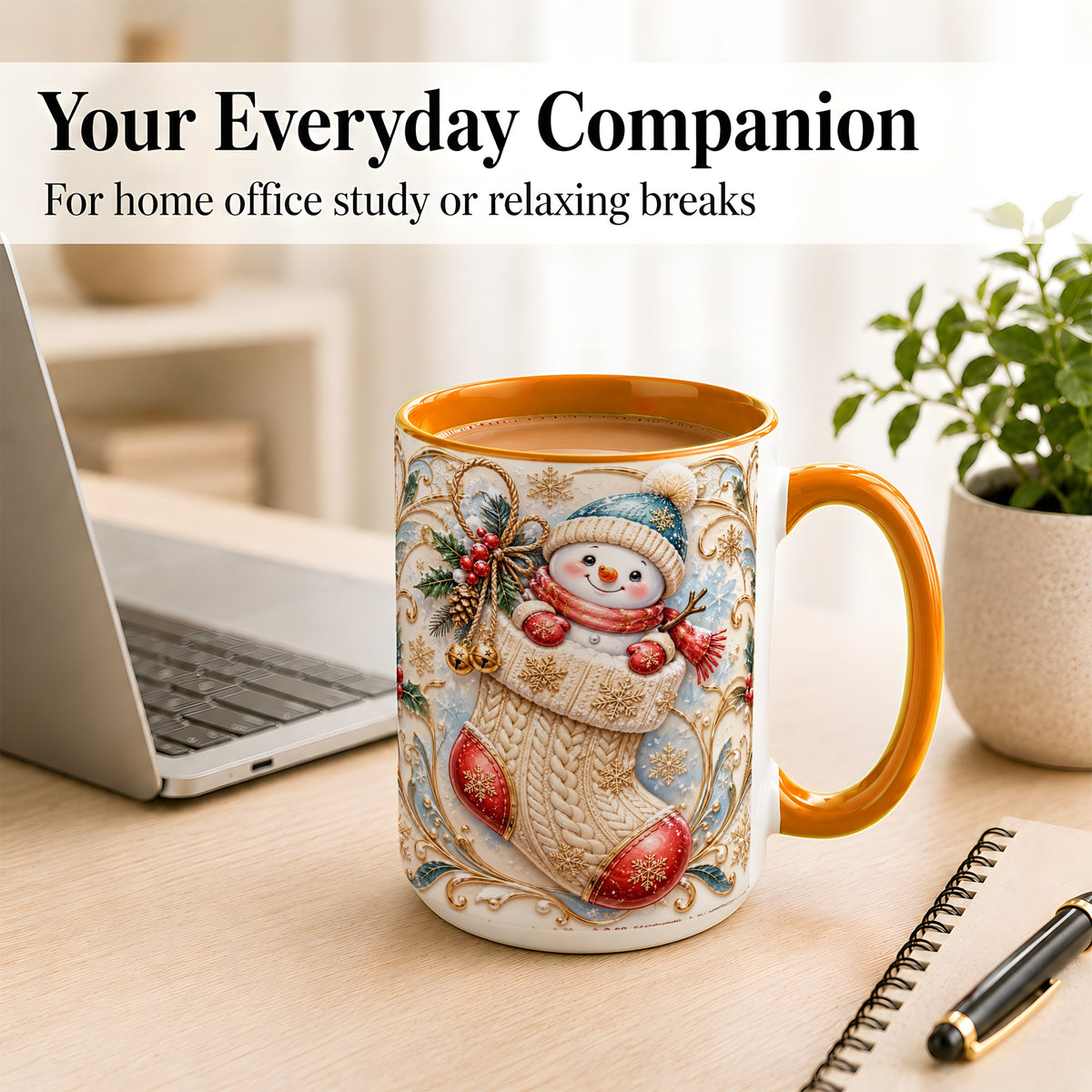 #pl[15oz|Orange] Ornate Stocking Snowman Coffee Mug, Winter Snowman Mug, Ceramic Cup