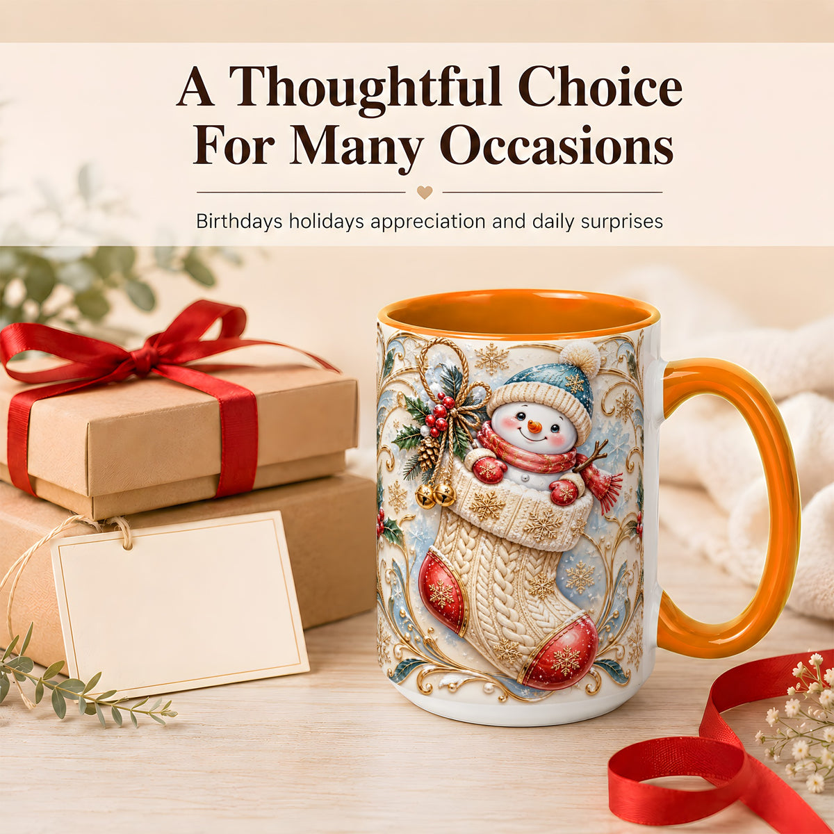 #pl[15oz|Orange] Ornate Stocking Snowman Coffee Mug, Winter Snowman Mug, Ceramic Cup