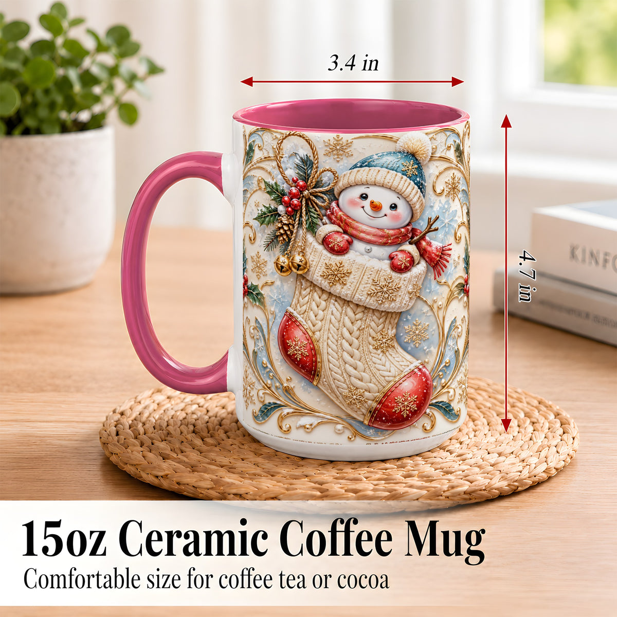 #pl[15oz|Pink] Ornate Stocking Snowman Coffee Mug, Winter Snowman Mug, Ceramic Cup