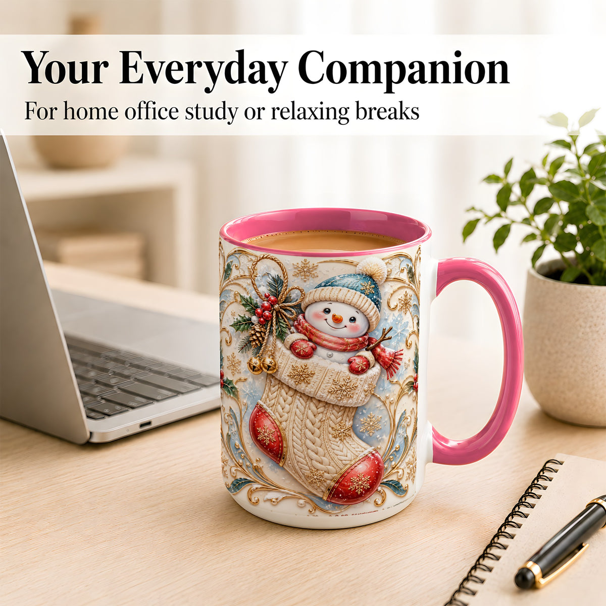 #pl[15oz|Pink] Ornate Stocking Snowman Coffee Mug, Winter Snowman Mug, Ceramic Cup