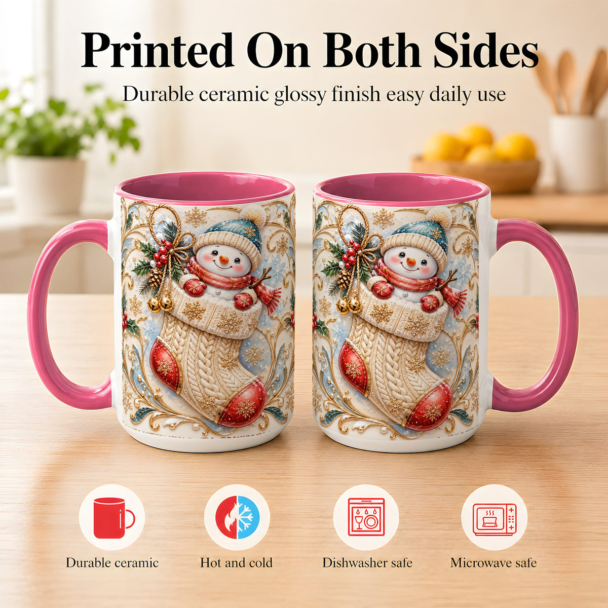 #pl[15oz|Pink] Ornate Stocking Snowman Coffee Mug, Winter Snowman Mug, Ceramic Cup