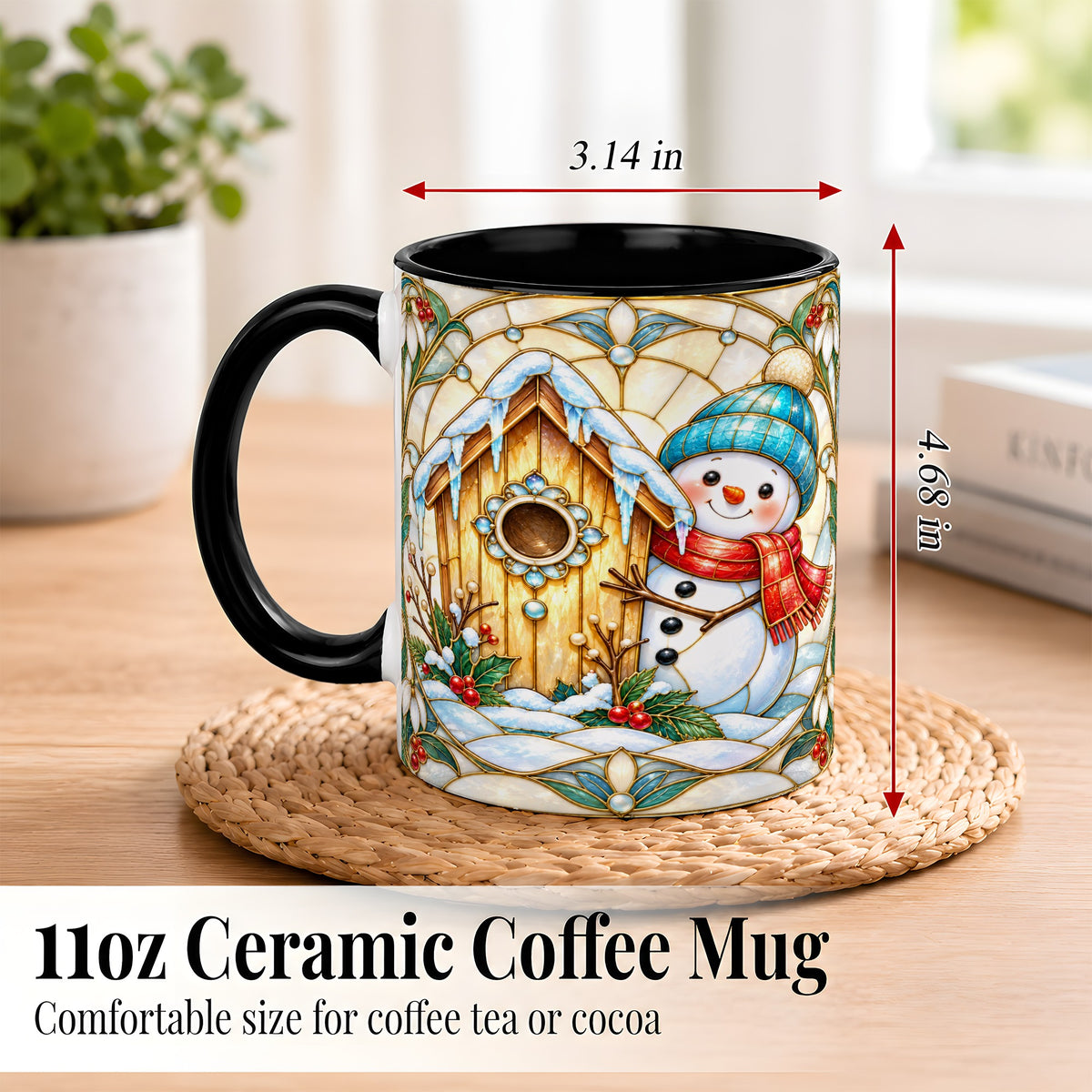 #pl[11oz|Black] Winter Snowman Coffee Mug, Birdhouse Snowman Mug, Ceramic Cup