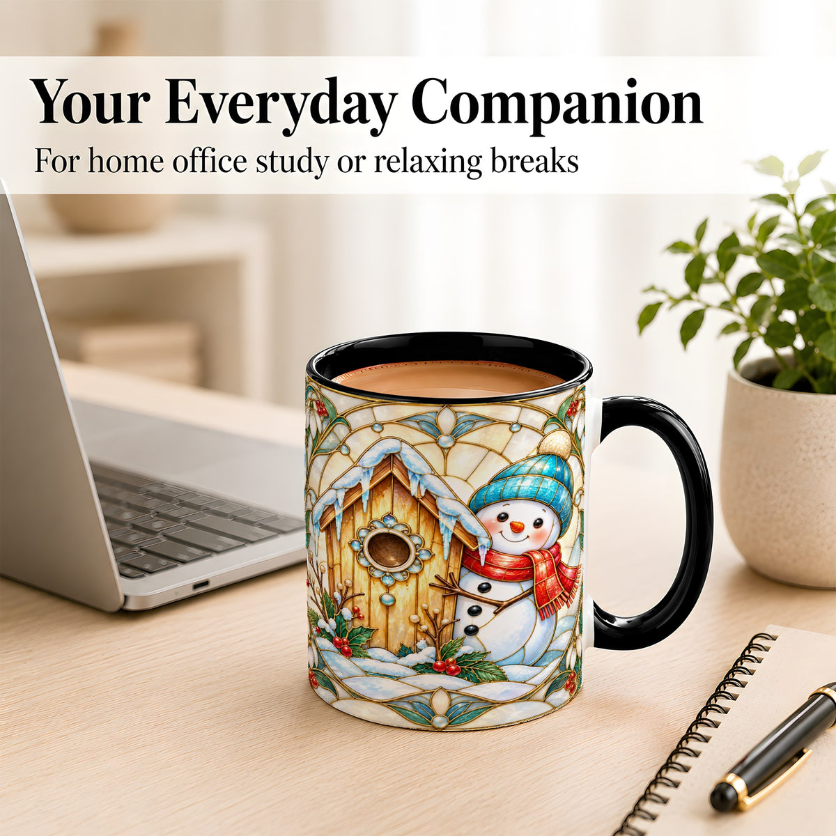 #pl[11oz|Black] Winter Snowman Coffee Mug, Birdhouse Snowman Mug, Ceramic Cup