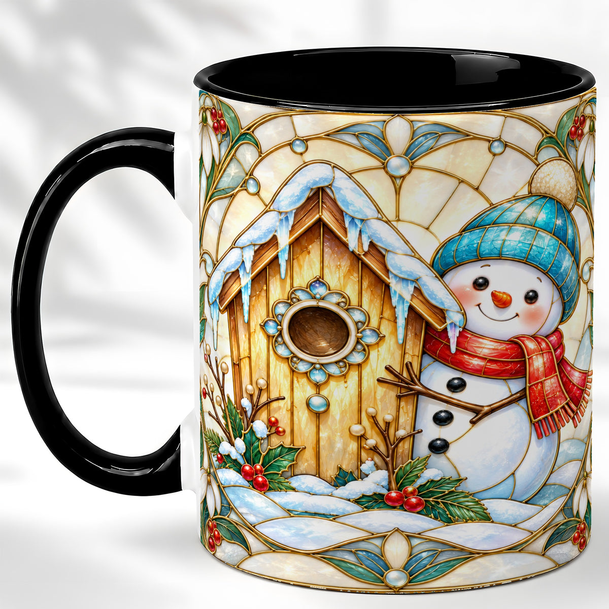 #pl[11oz|Black] Winter Snowman Coffee Mug, Birdhouse Snowman Mug, Ceramic Cup