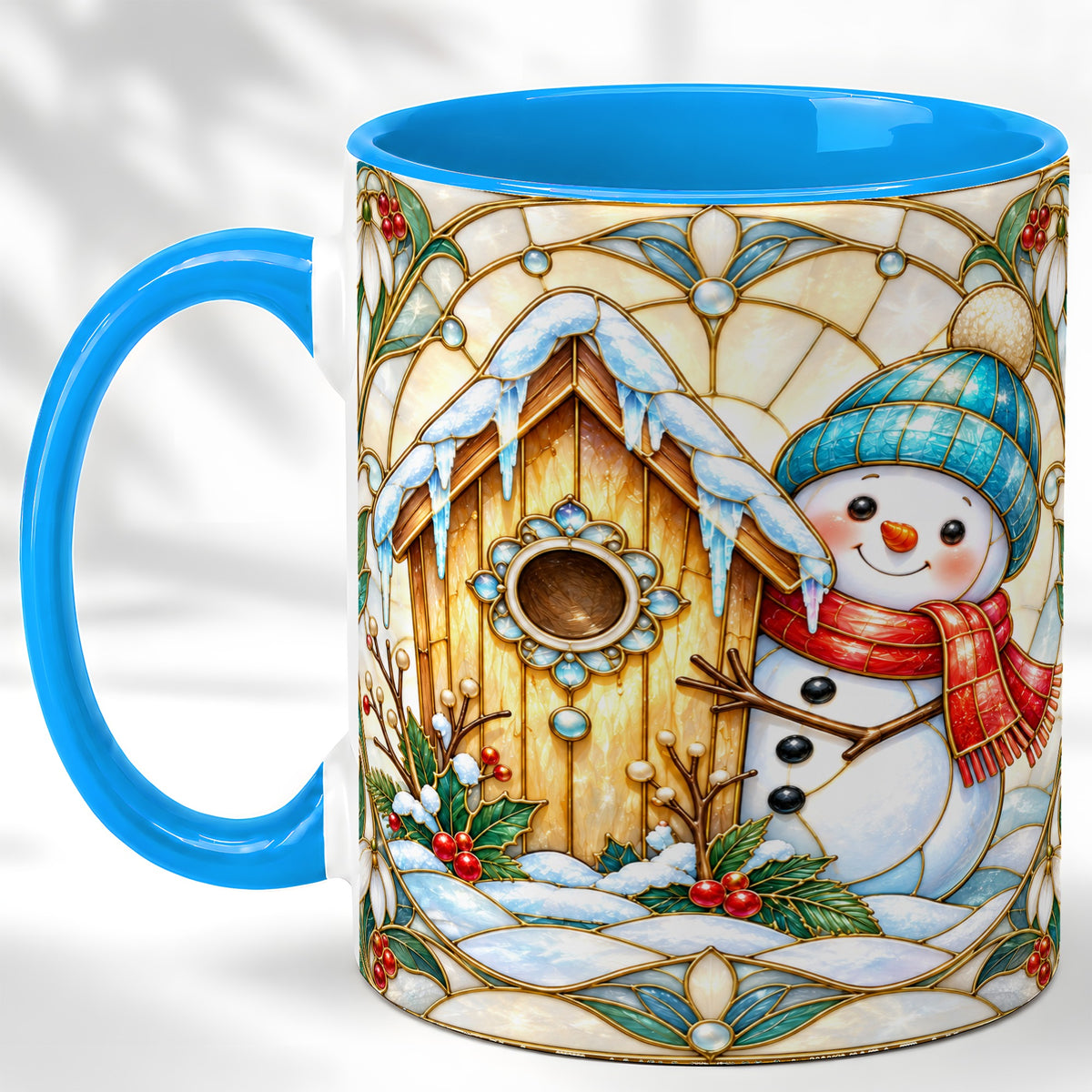 #pl[11oz|Blue] Winter Snowman Coffee Mug, Birdhouse Snowman Mug, Ceramic Cup