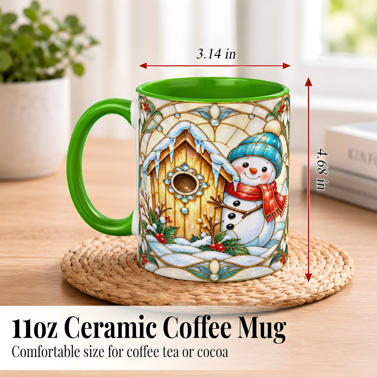 #pl[11oz|Green] Winter Snowman Coffee Mug, Birdhouse Snowman Mug, Ceramic Cup