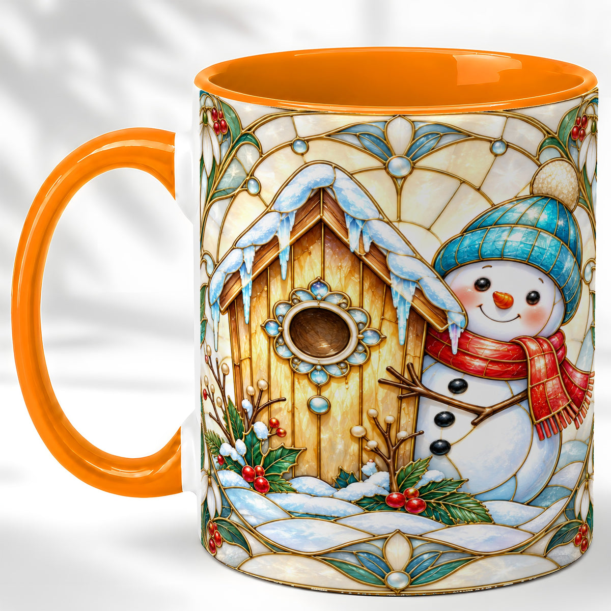 #pl[11oz|Orange] Winter Snowman Coffee Mug, Birdhouse Snowman Mug, Ceramic Cup