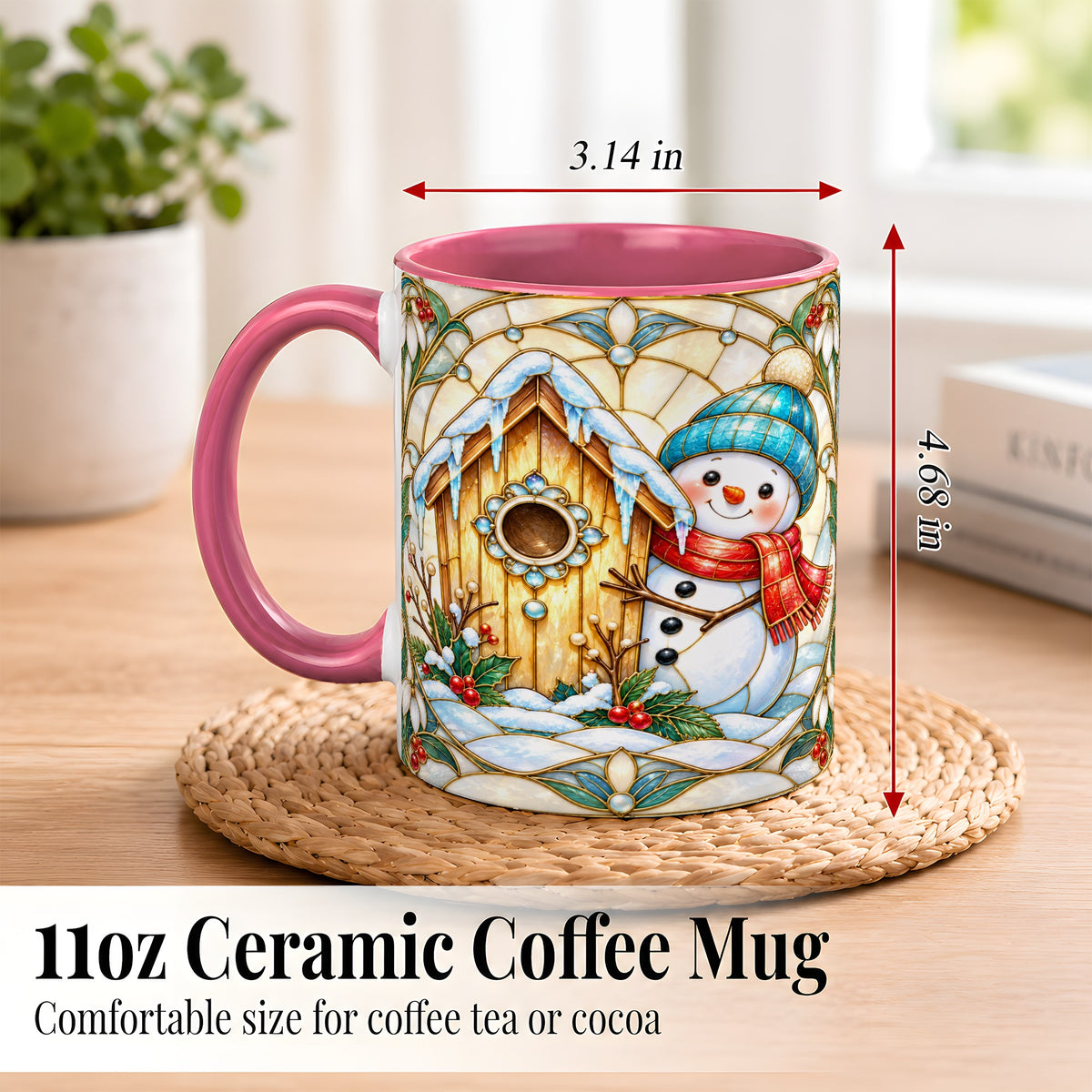#pl[11oz|Pink] Winter Snowman Coffee Mug, Birdhouse Snowman Mug, Ceramic Cup