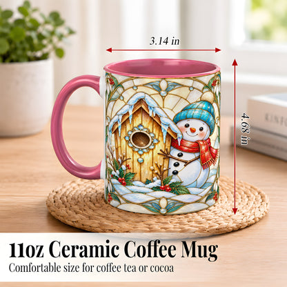 #pl[11oz|Pink] Winter Snowman Coffee Mug, Birdhouse Snowman Mug, Ceramic Cup