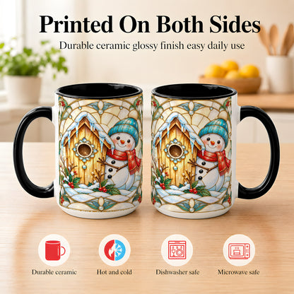 #pl[15oz|Black] Winter Snowman Coffee Mug, Birdhouse Snowman Mug, Ceramic Cup