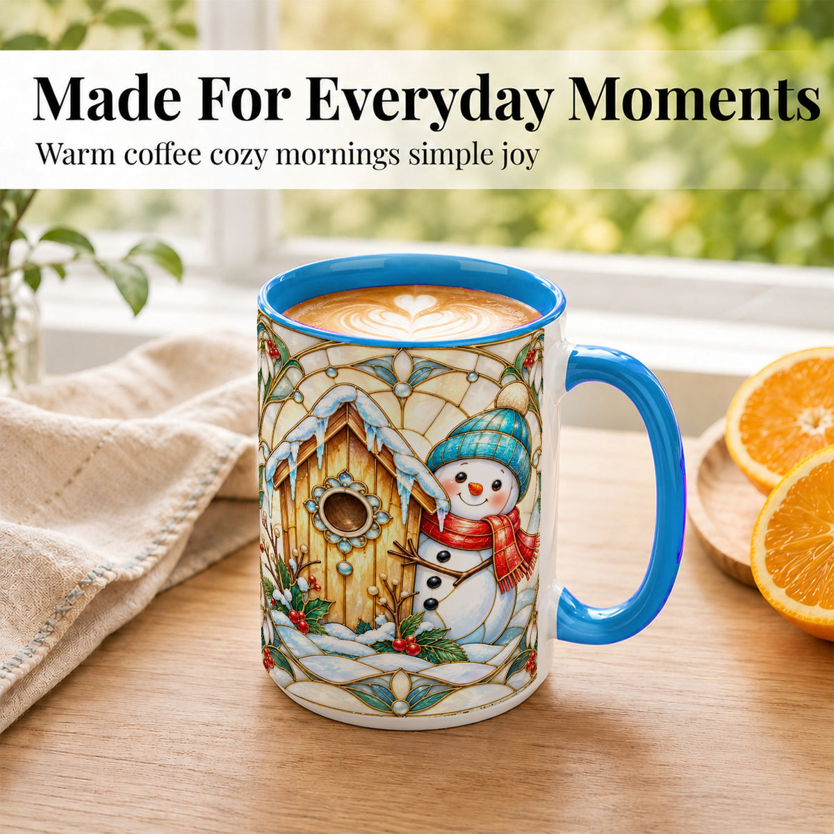 #pl[15oz|Blue] Winter Snowman Coffee Mug, Birdhouse Snowman Mug, Ceramic Cup