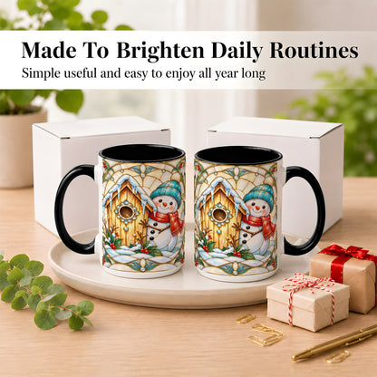 #pl[15oz|Black] Winter Snowman Coffee Mug, Birdhouse Snowman Mug, Ceramic Cup