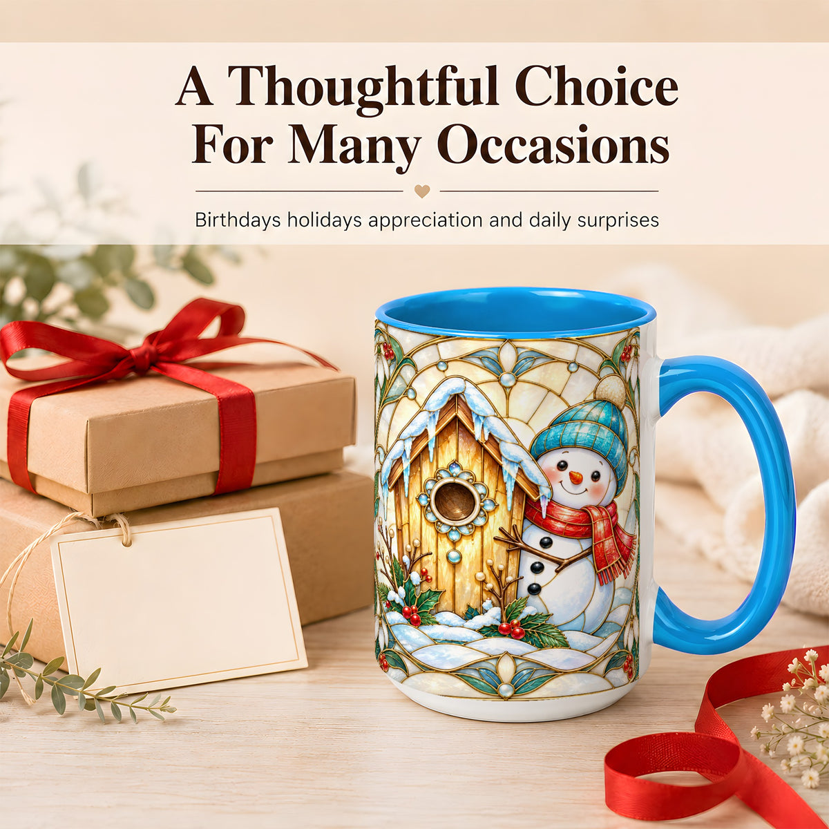 #pl[15oz|Blue] Winter Snowman Coffee Mug, Birdhouse Snowman Mug, Ceramic Cup