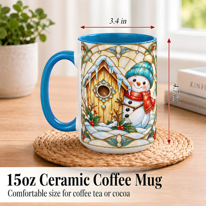 #pl[15oz|Blue] Winter Snowman Coffee Mug, Birdhouse Snowman Mug, Ceramic Cup