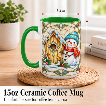 #pl[15oz|Green] Winter Snowman Coffee Mug, Birdhouse Snowman Mug, Ceramic Cup