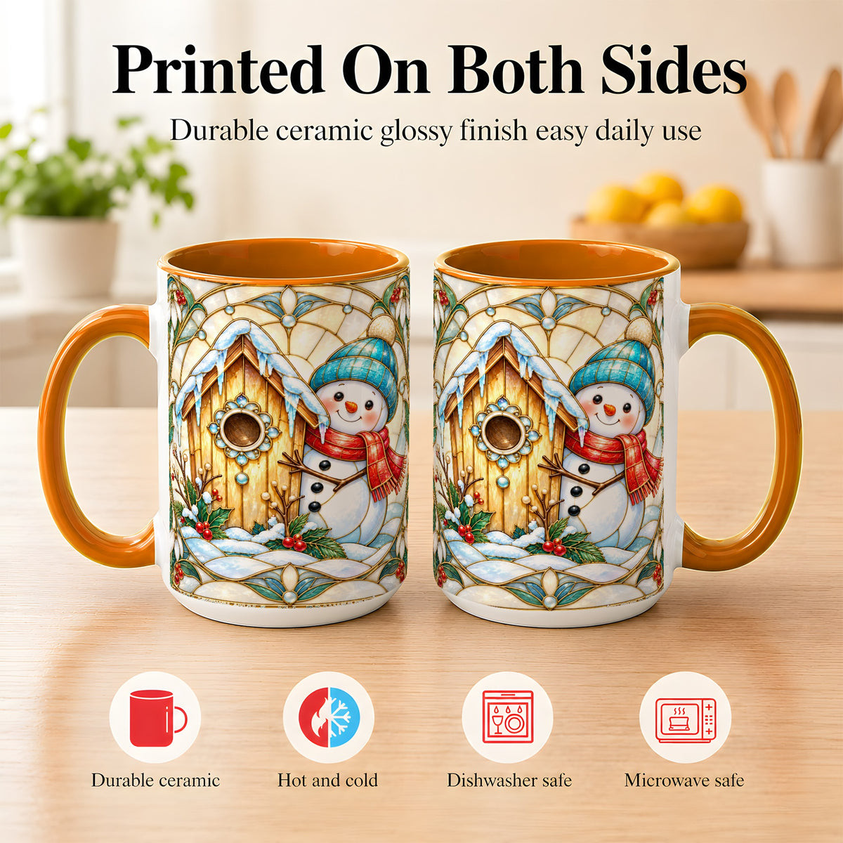 #pl[15oz|Orange] Winter Snowman Coffee Mug, Birdhouse Snowman Mug, Ceramic Cup