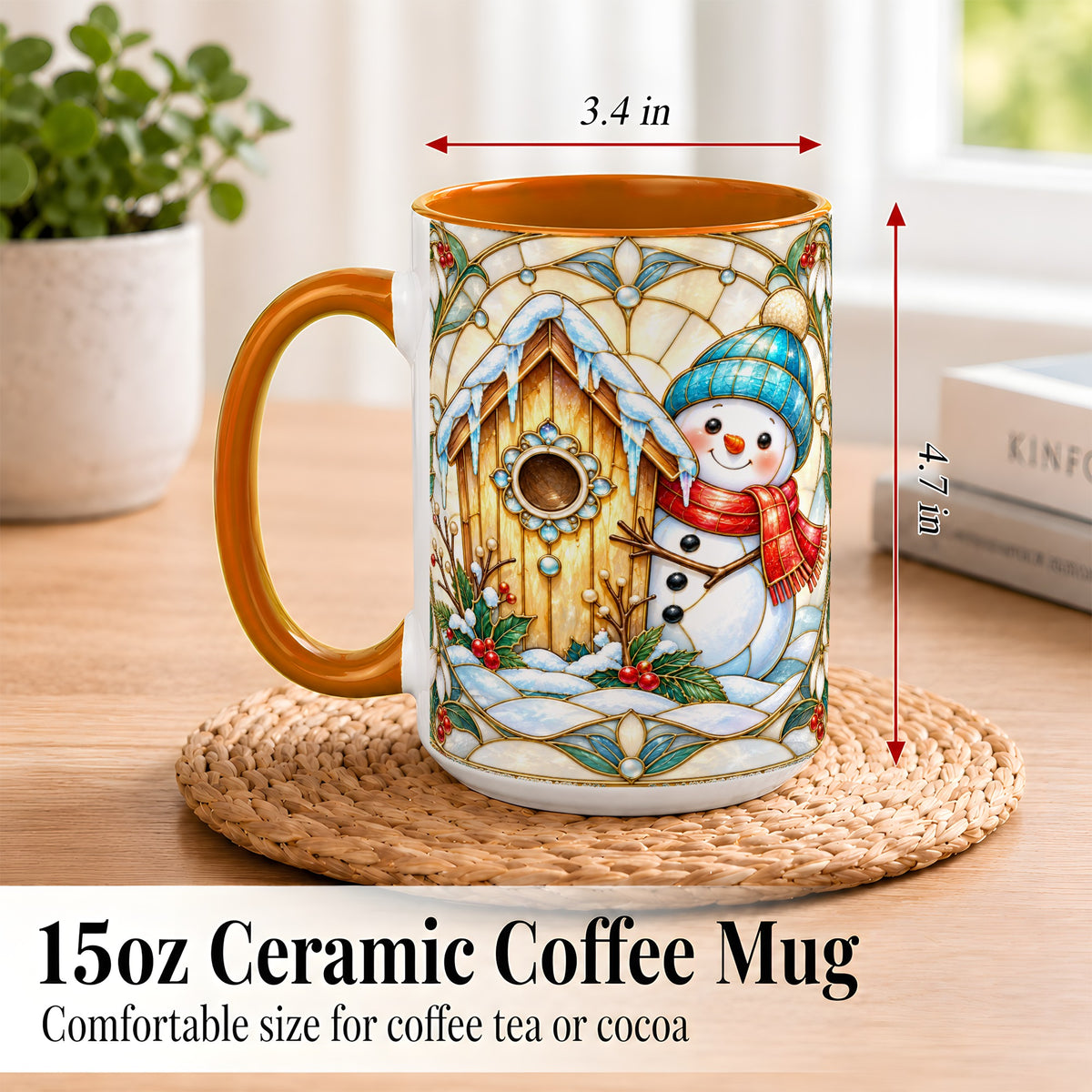 #pl[15oz|Orange] Winter Snowman Coffee Mug, Birdhouse Snowman Mug, Ceramic Cup