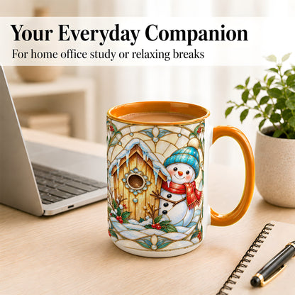 #pl[15oz|Orange] Winter Snowman Coffee Mug, Birdhouse Snowman Mug, Ceramic Cup
