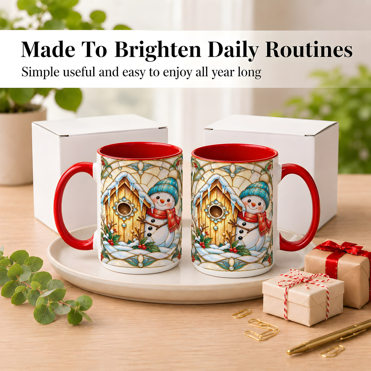 #pl[15oz|Red] Winter Snowman Coffee Mug, Birdhouse Snowman Mug, Ceramic Cup
