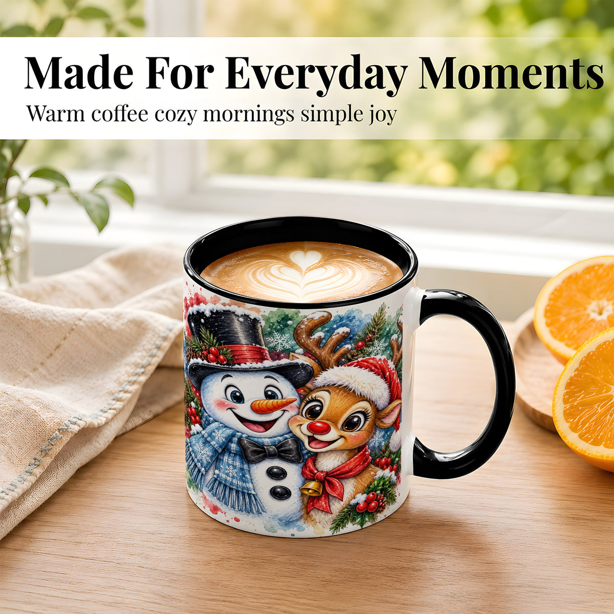 #pl[11oz|Black] Snowman Reindeer Coffee Mug, Christmas Friends Mug, Ceramic Cup