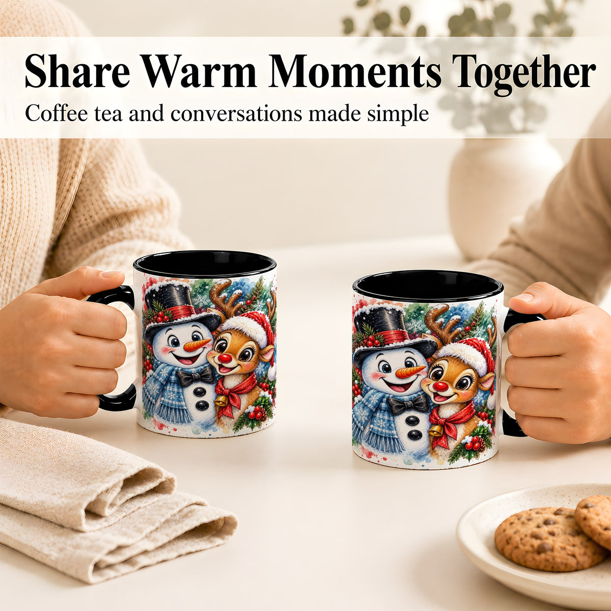 #pl[11oz|Black] Snowman Reindeer Coffee Mug, Christmas Friends Mug, Ceramic Cup