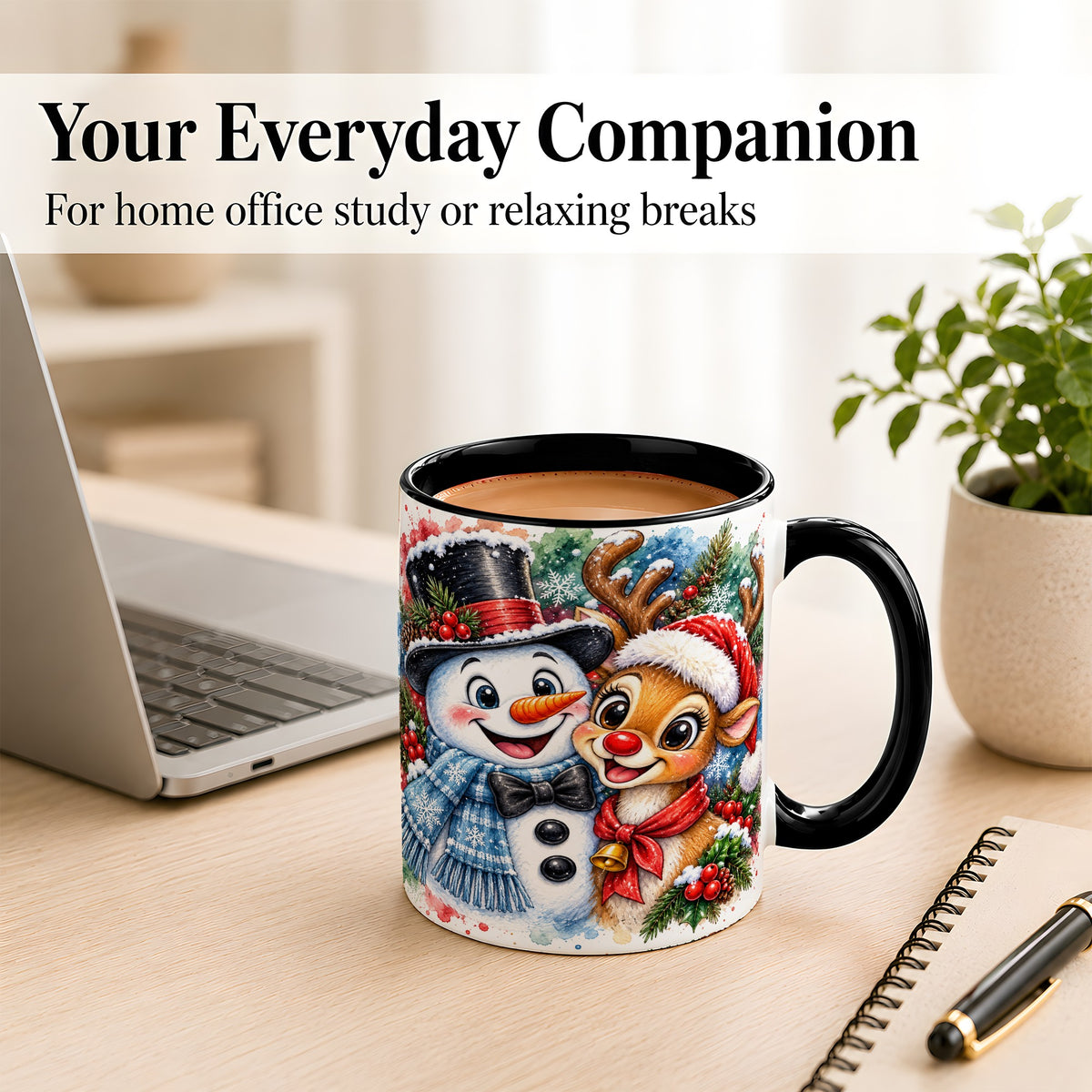 #pl[11oz|Black] Snowman Reindeer Coffee Mug, Christmas Friends Mug, Ceramic Cup