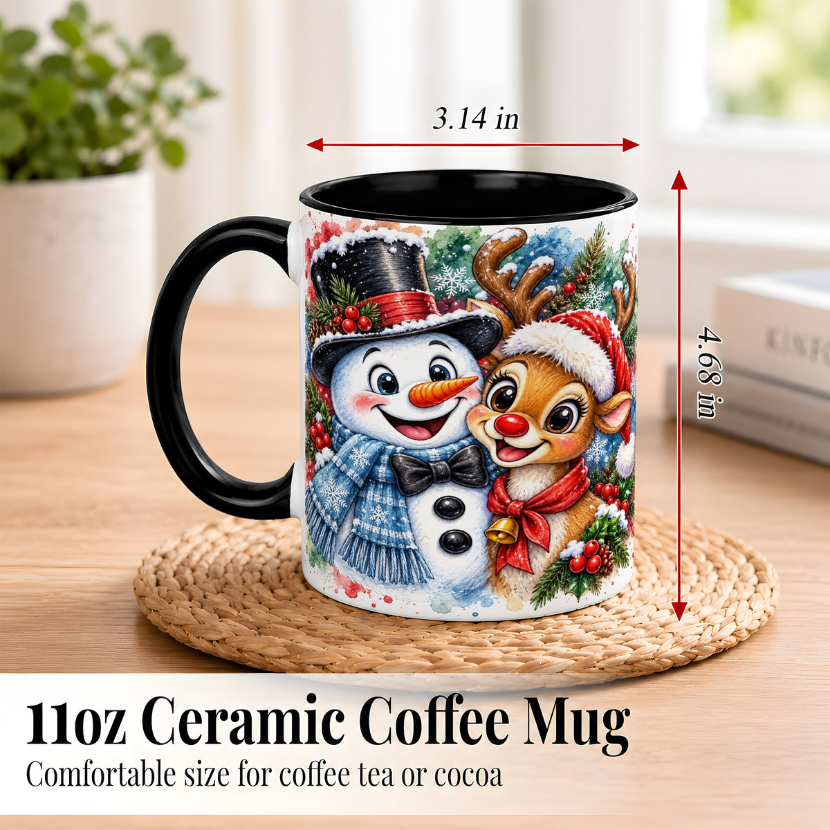 #pl[11oz|Black] Snowman Reindeer Coffee Mug, Christmas Friends Mug, Ceramic Cup