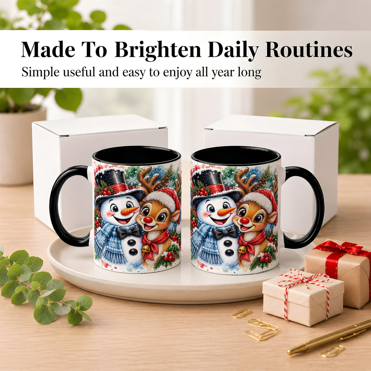 #pl[11oz|Black] Snowman Reindeer Coffee Mug, Christmas Friends Mug, Ceramic Cup