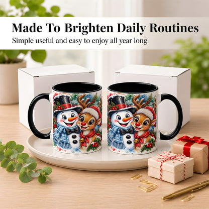 #pl[11oz|Black] Snowman Reindeer Coffee Mug, Christmas Friends Mug, Ceramic Cup