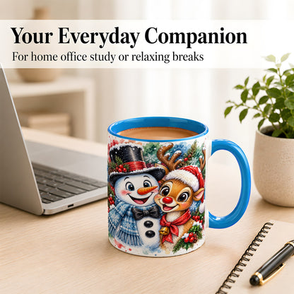 #pl[11oz|Blue] Snowman Reindeer Coffee Mug, Christmas Friends Mug, Ceramic Cup