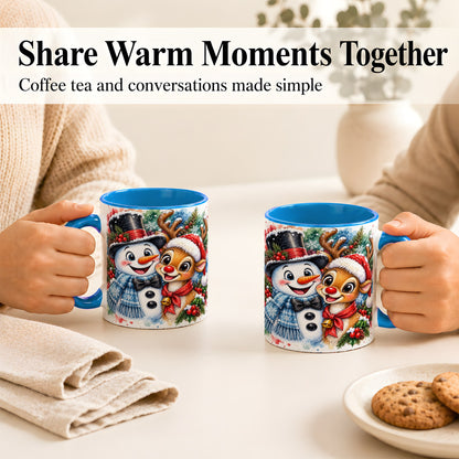 #pl[11oz|Blue] Snowman Reindeer Coffee Mug, Christmas Friends Mug, Ceramic Cup