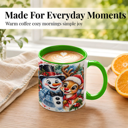 #pl[11oz|Green] Snowman Reindeer Coffee Mug, Christmas Friends Mug, Ceramic Cup