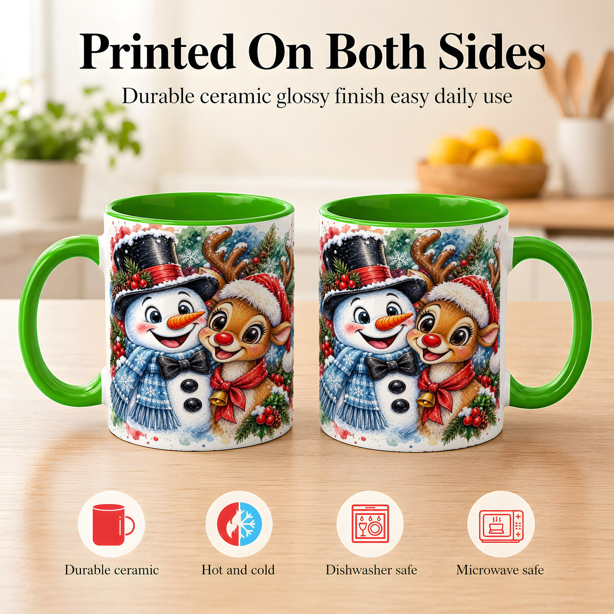 #pl[11oz|Green] Snowman Reindeer Coffee Mug, Christmas Friends Mug, Ceramic Cup