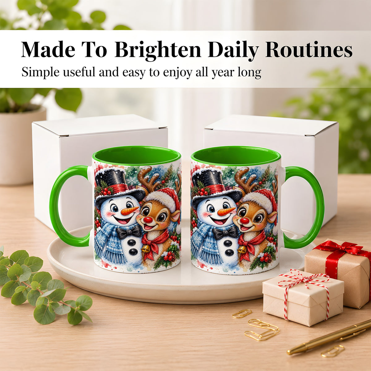 #pl[11oz|Green] Snowman Reindeer Coffee Mug, Christmas Friends Mug, Ceramic Cup