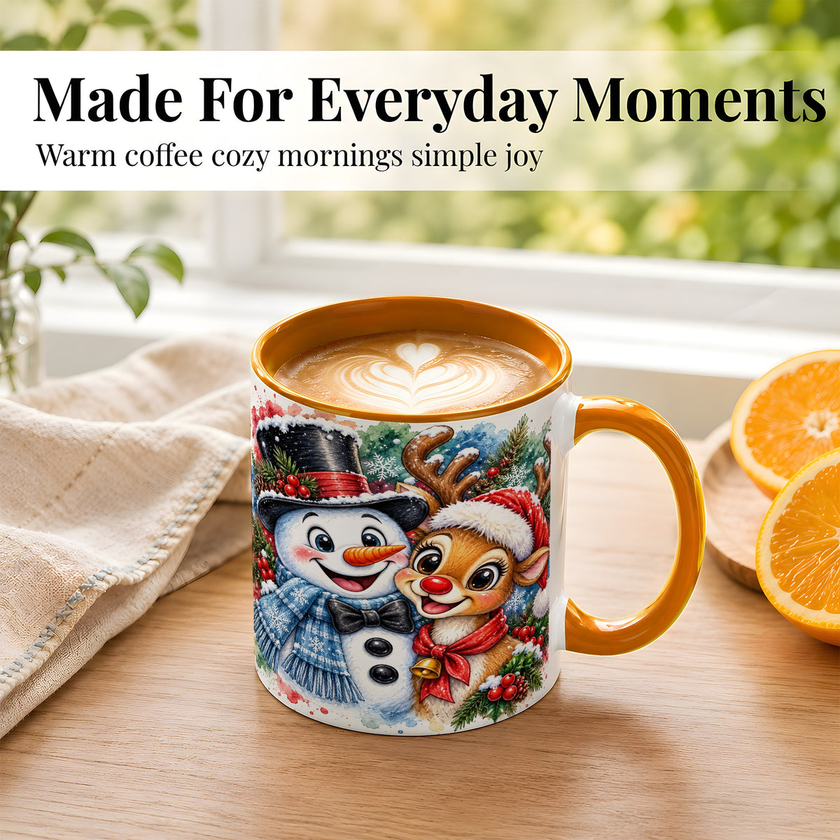 #pl[11oz|Orange] Snowman Reindeer Coffee Mug, Christmas Friends Mug, Ceramic Cup