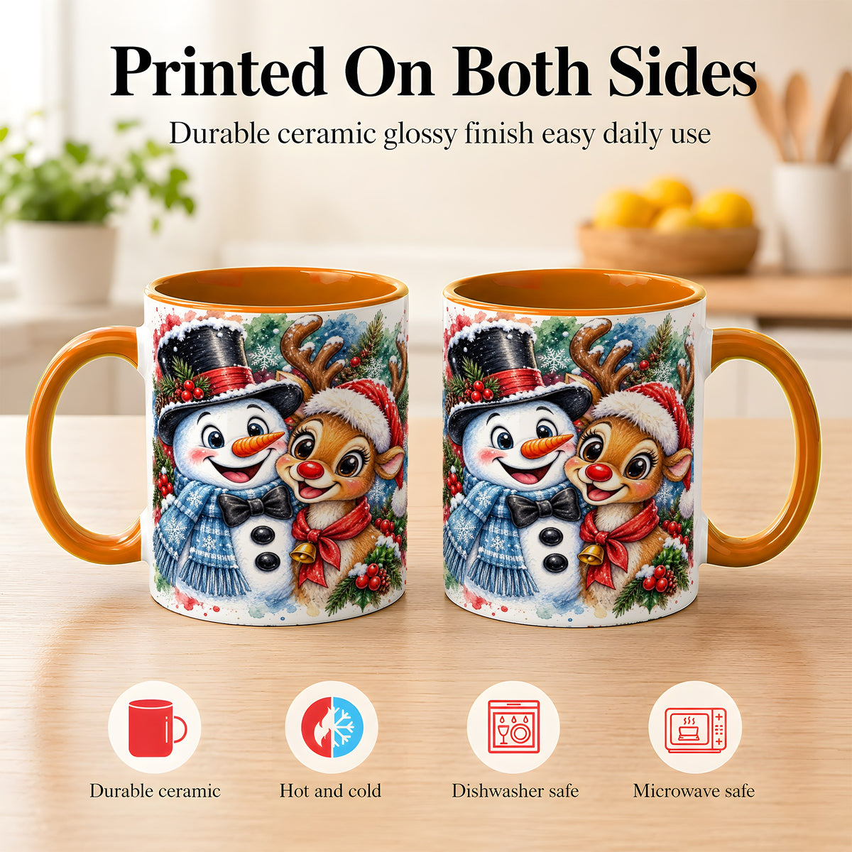 #pl[11oz|Orange] Snowman Reindeer Coffee Mug, Christmas Friends Mug, Ceramic Cup