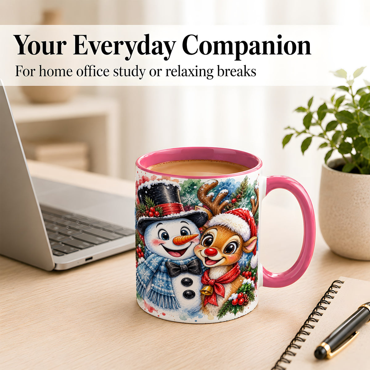 #pl[11oz|Pink] Snowman Reindeer Coffee Mug, Christmas Friends Mug, Ceramic Cup