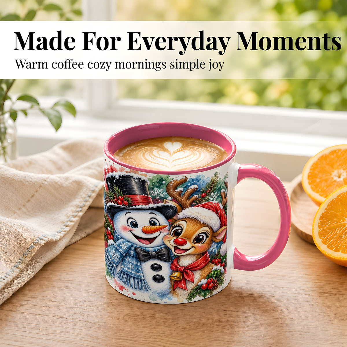 #pl[11oz|Pink] Snowman Reindeer Coffee Mug, Christmas Friends Mug, Ceramic Cup