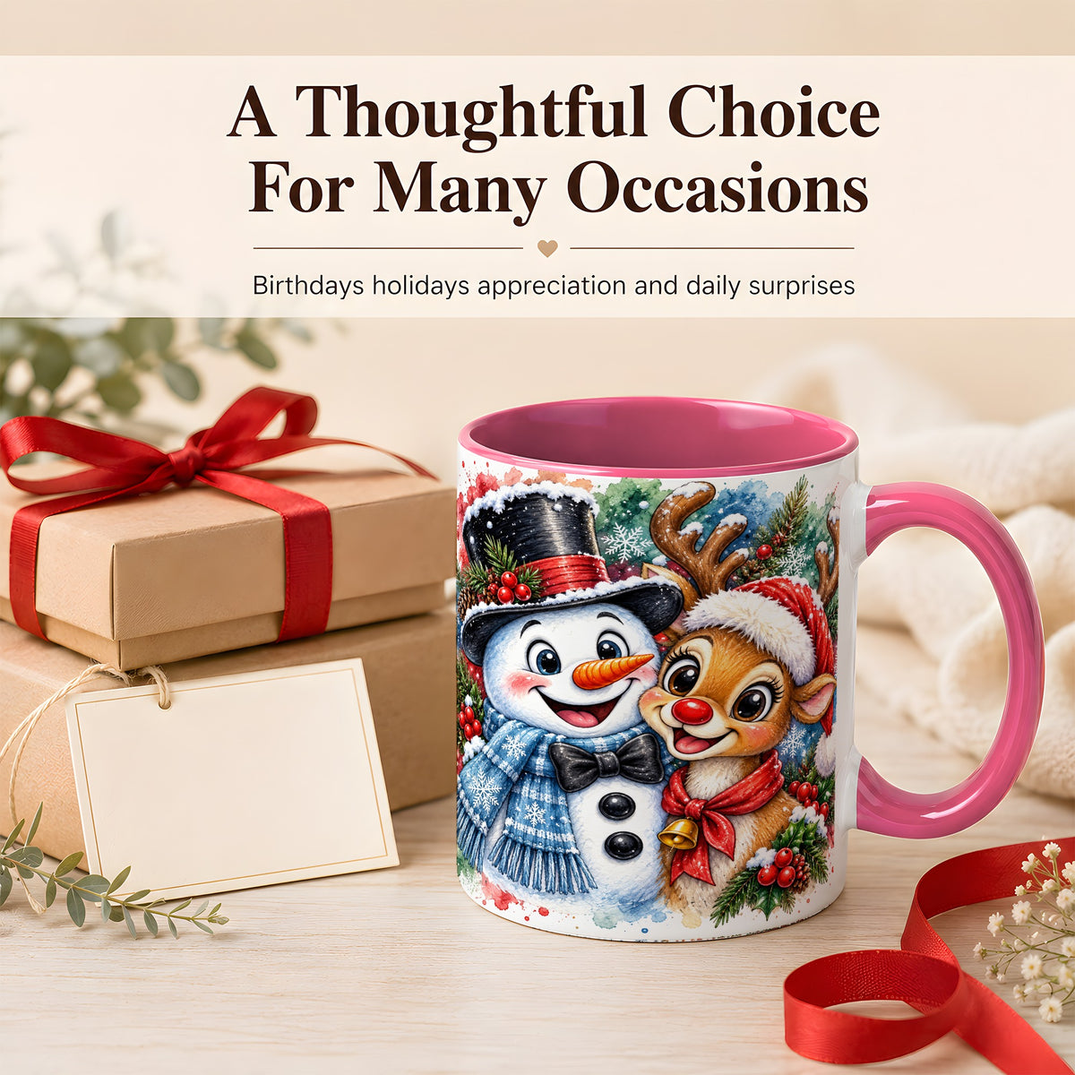 #pl[11oz|Pink] Snowman Reindeer Coffee Mug, Christmas Friends Mug, Ceramic Cup