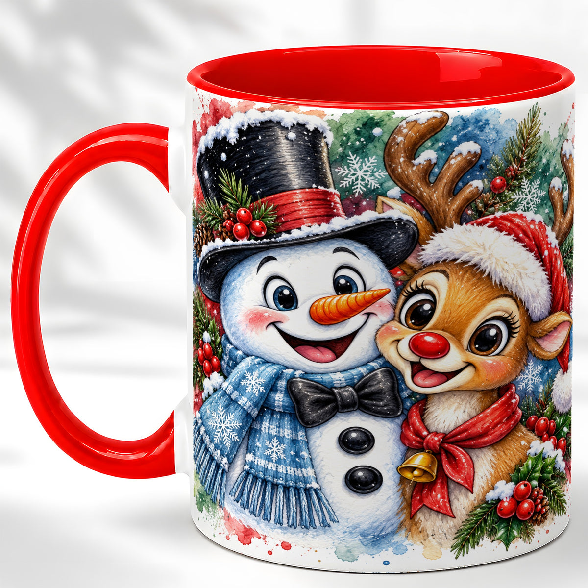 Snowman Reindeer Coffee Mug, Christmas Friends Mug, Ceramic Cup
