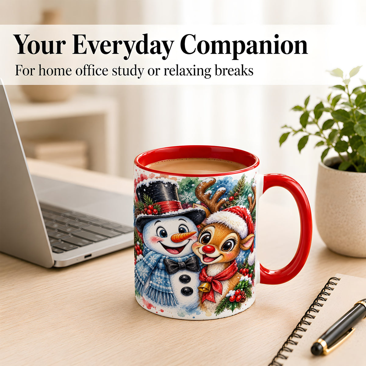 #pl[11oz|Red] Snowman Reindeer Coffee Mug, Christmas Friends Mug, Ceramic Cup