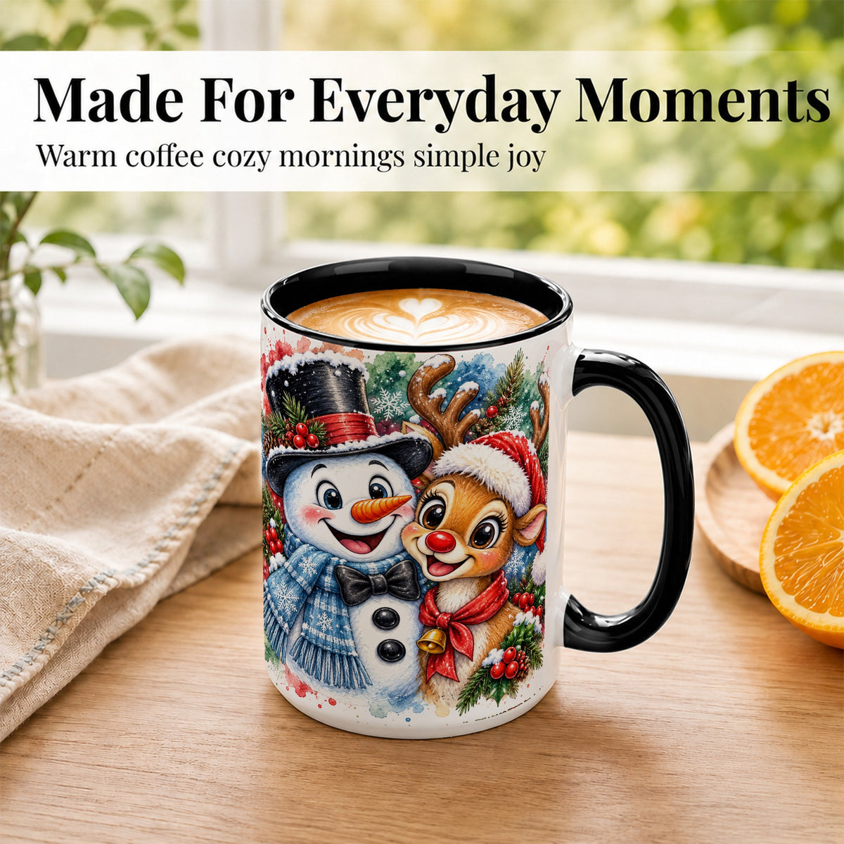 #pl[15oz|Black] Snowman Reindeer Coffee Mug, Christmas Friends Mug, Ceramic Cup