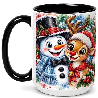 #pl[15oz|Black] Snowman Reindeer Coffee Mug, Christmas Friends Mug, Ceramic Cup