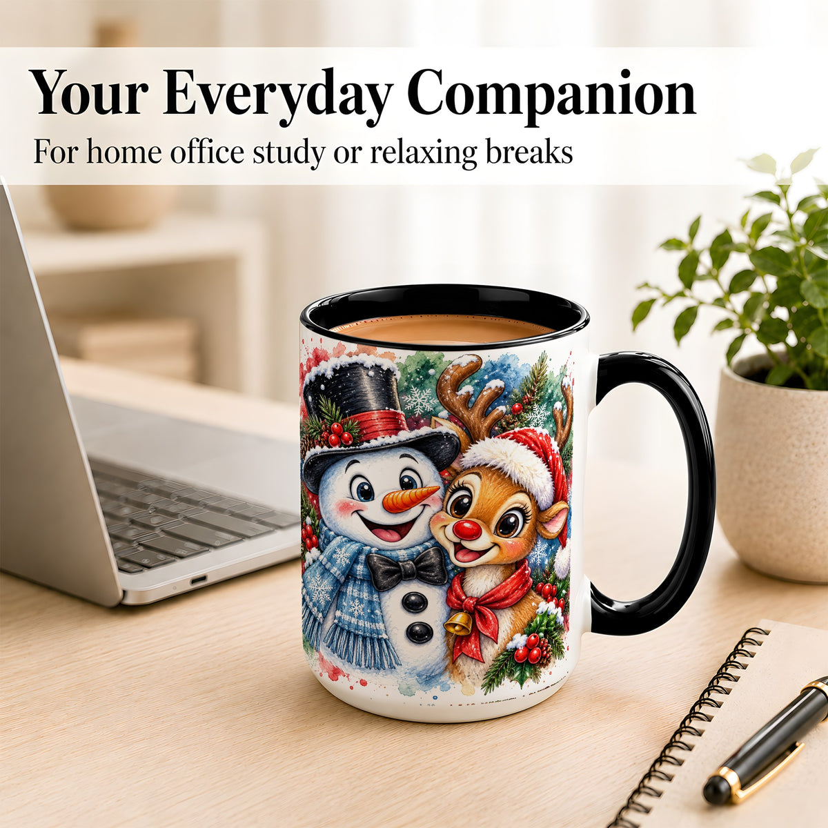 #pl[15oz|Black] Snowman Reindeer Coffee Mug, Christmas Friends Mug, Ceramic Cup