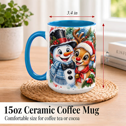 #pl[15oz|Blue] Snowman Reindeer Coffee Mug, Christmas Friends Mug, Ceramic Cup