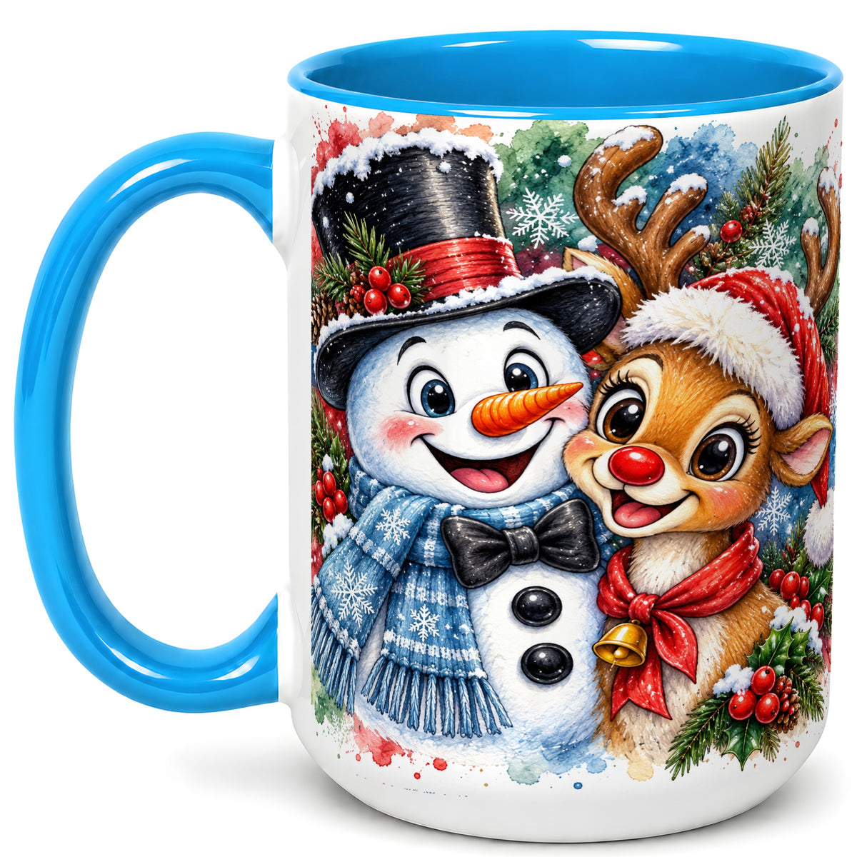 #pl[15oz|Blue] Snowman Reindeer Coffee Mug, Christmas Friends Mug, Ceramic Cup