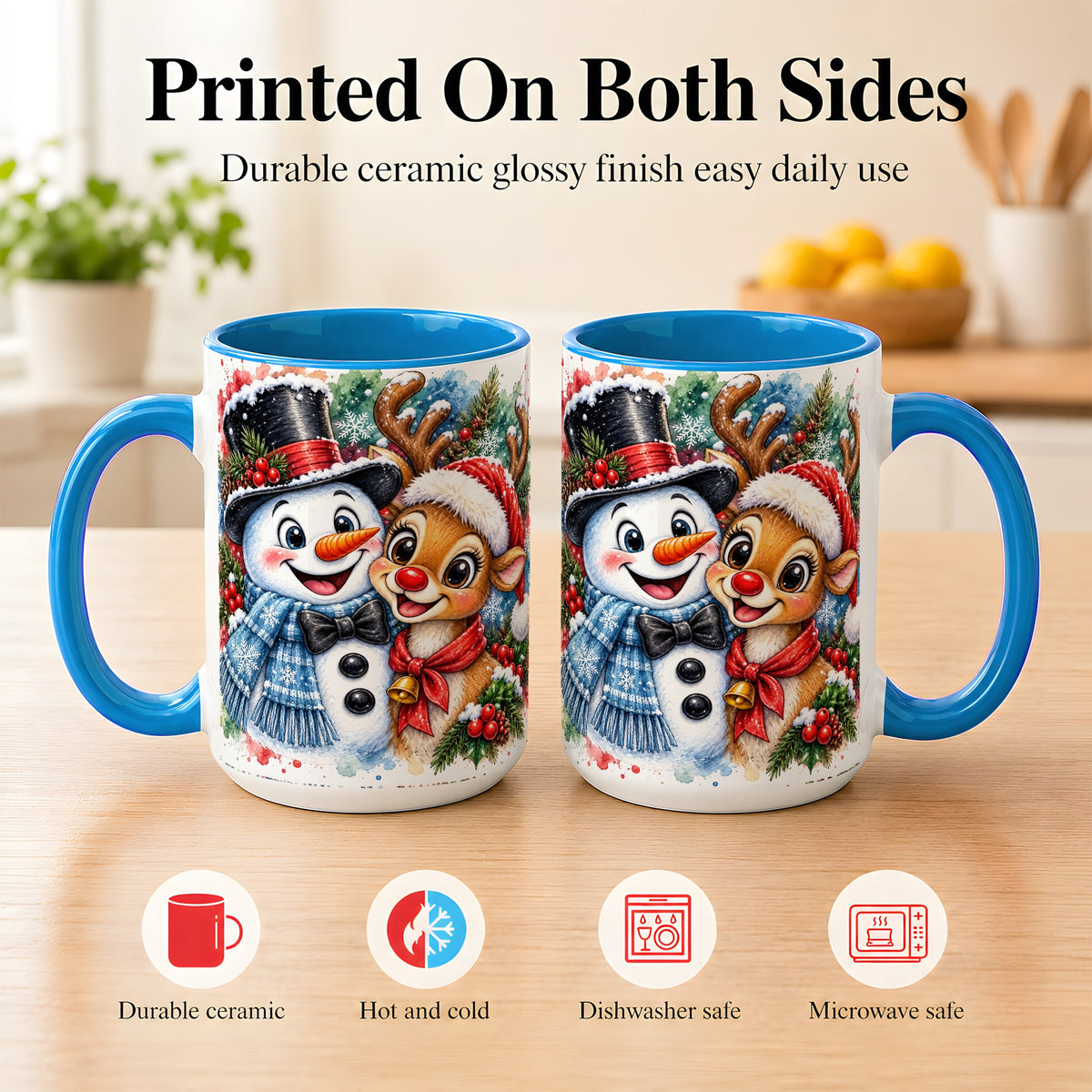 #pl[15oz|Blue] Snowman Reindeer Coffee Mug, Christmas Friends Mug, Ceramic Cup