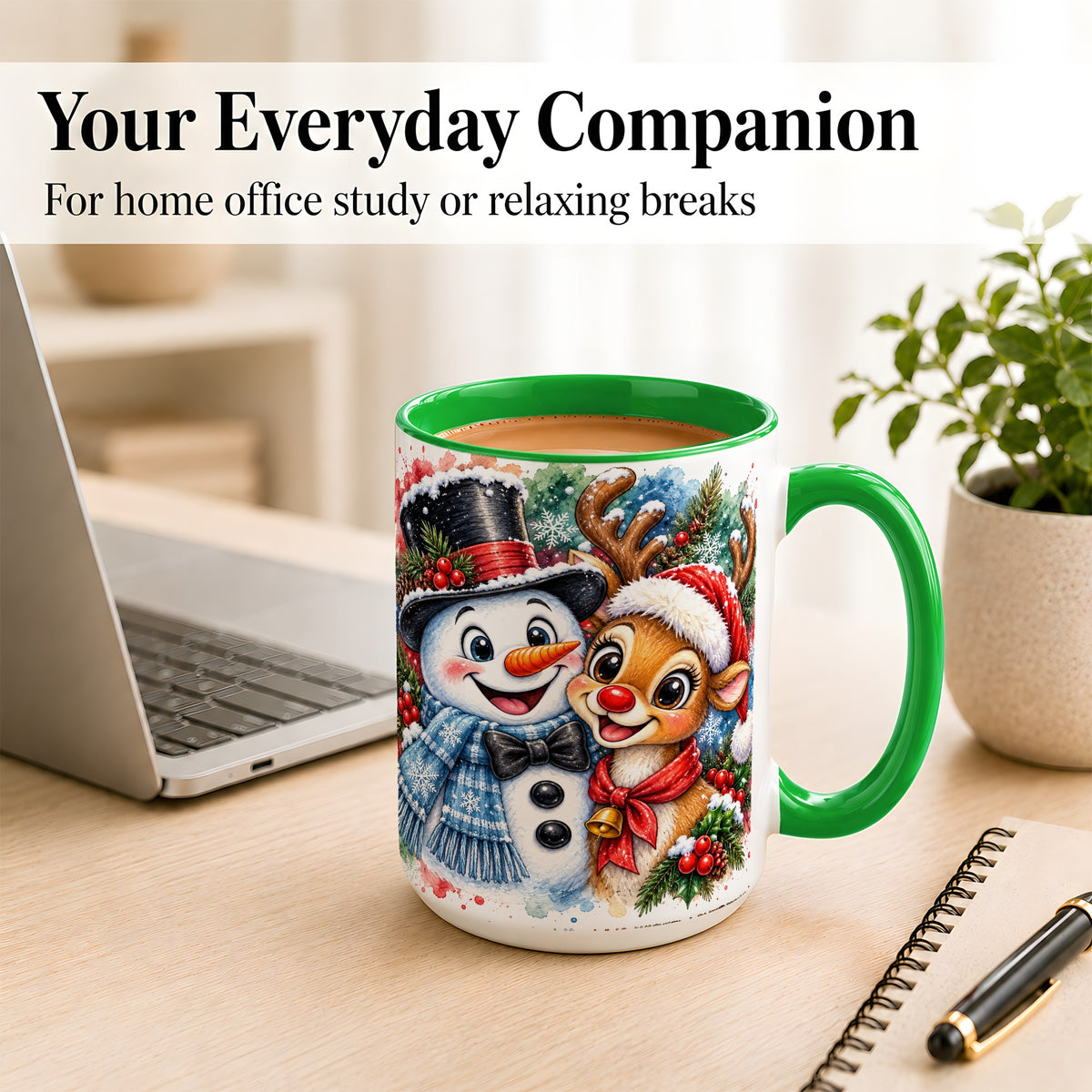 #pl[15oz|Green] Snowman Reindeer Coffee Mug, Christmas Friends Mug, Ceramic Cup