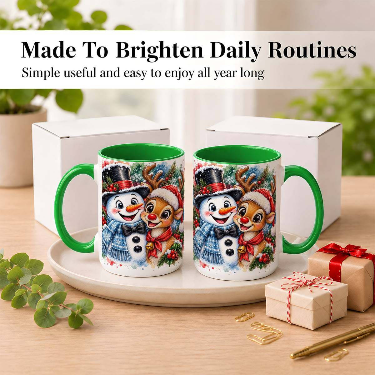 #pl[15oz|Green] Snowman Reindeer Coffee Mug, Christmas Friends Mug, Ceramic Cup